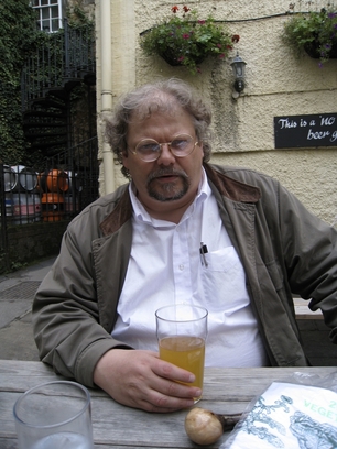 Anthony Buccini enjoying a glass of Old Rosie scrumpy at the Turf Tavern in Oxford.